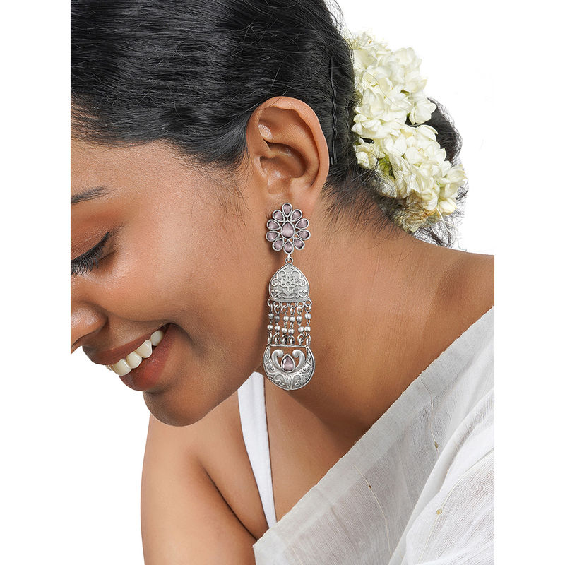 Pink - Saanjh Bela Parrot & Bloom Oxidised Earrings