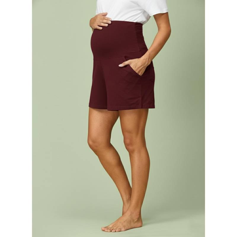 Evamomies Women Maroon High Waist Maternity Shorts (M)