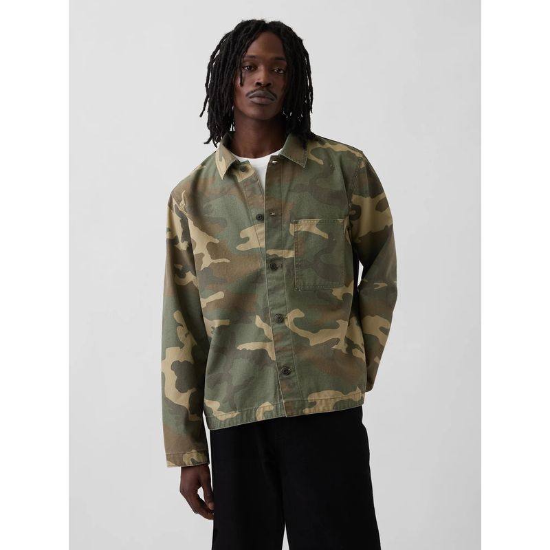 GAP Men Olive Camouflage Spread Collar Full Sleeves Shirt (38)