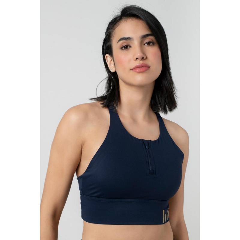 bodyline Navy Blue Stylish Cross-Back Straps Front-Zip Sports Bra (S)