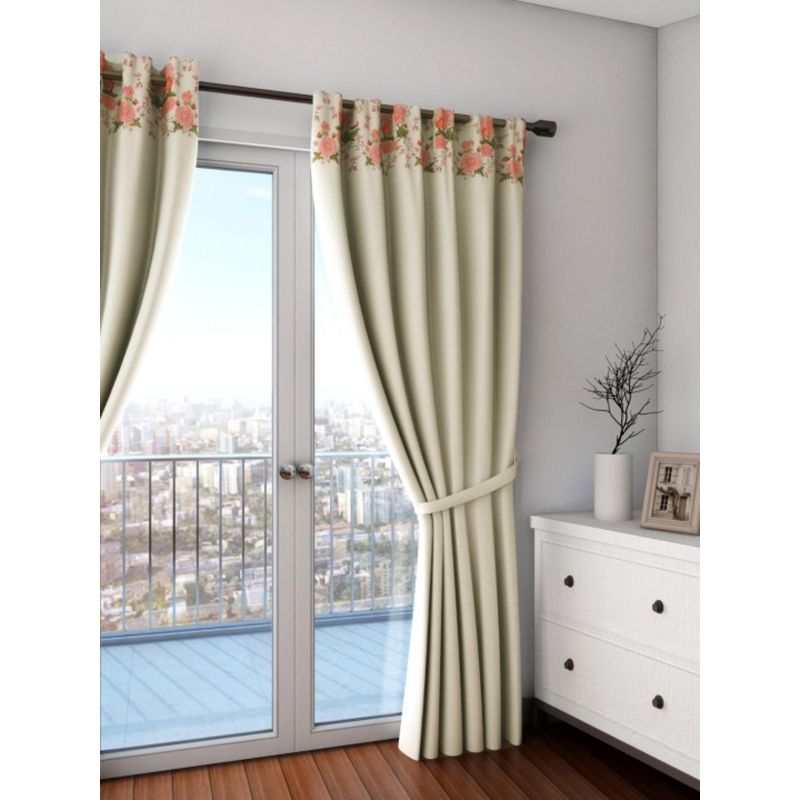 Swayam Blackout Eyelet Door Curtain - Solid Off - White With Peach Floral Border (7 feet)