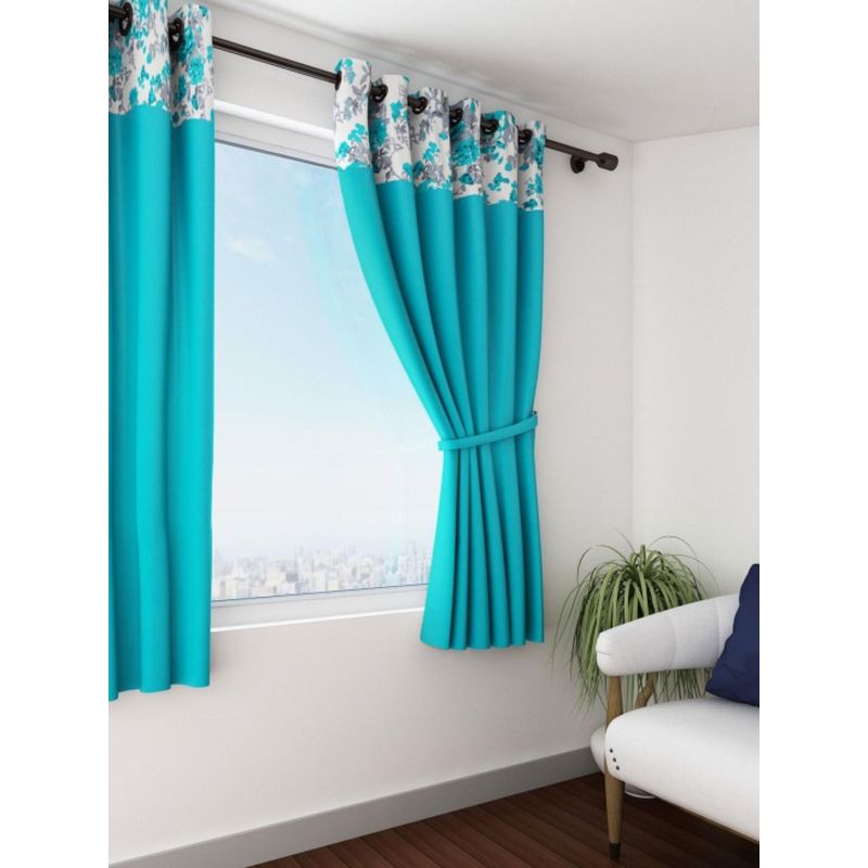 Swayam Blackout Eyelet Window Curtain - Solid Turquoise With Floral Print Border (5 feet)