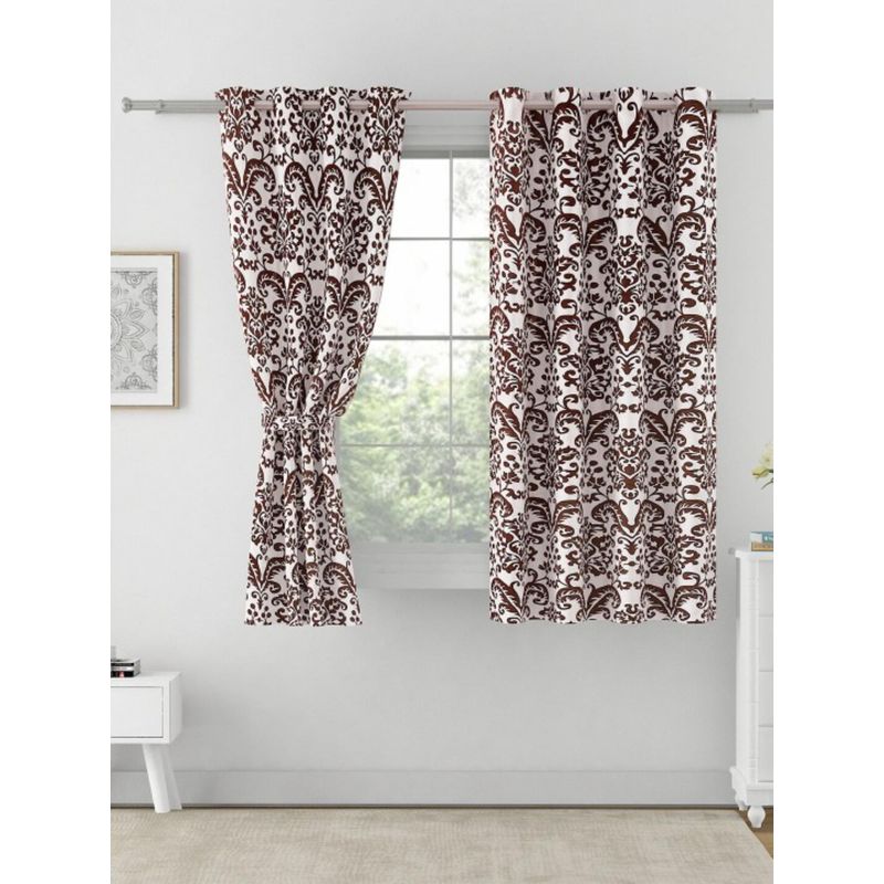 Swayam Blackout Eyelet Window Curtain - White With Brown Damask Print (5 feet)