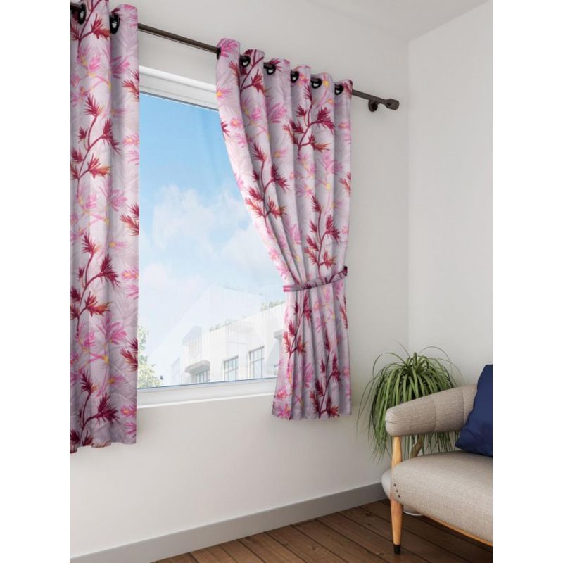 Swayam Blackout Eyelet Window Curtain - Floral Print In Pink & Red On White Base (5 feet)