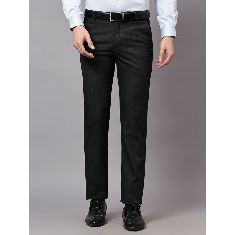 Cantabil Men Charcoal Black Non Pleated Checkered Formal Trouser (32)
