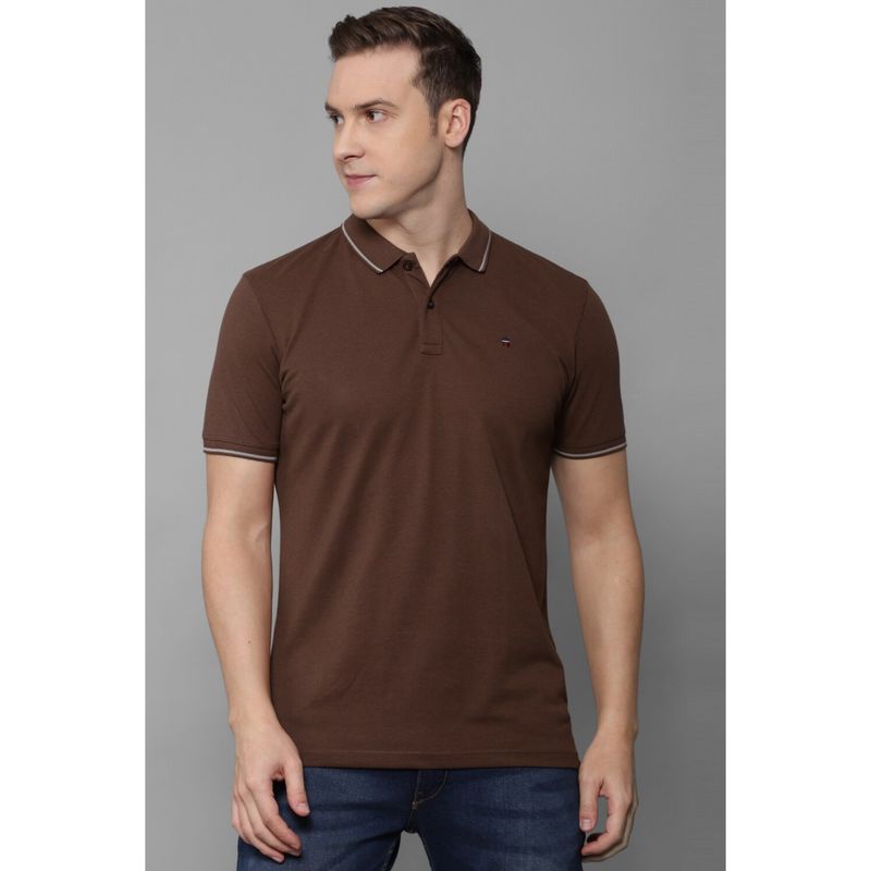 Louis Philippe Men's Brown Polo T-Shirt with Collar Tipping and Branding on Sleeve (M)