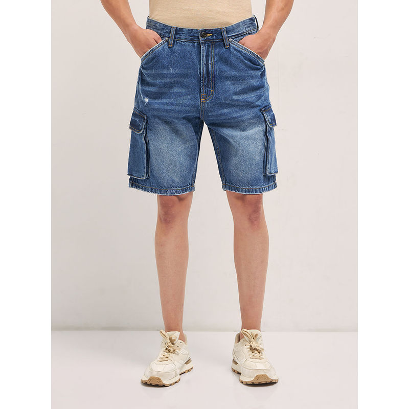THE BEAR HOUSE Men's Mid Blue Baggy Fit Cotton Casual Short (28)