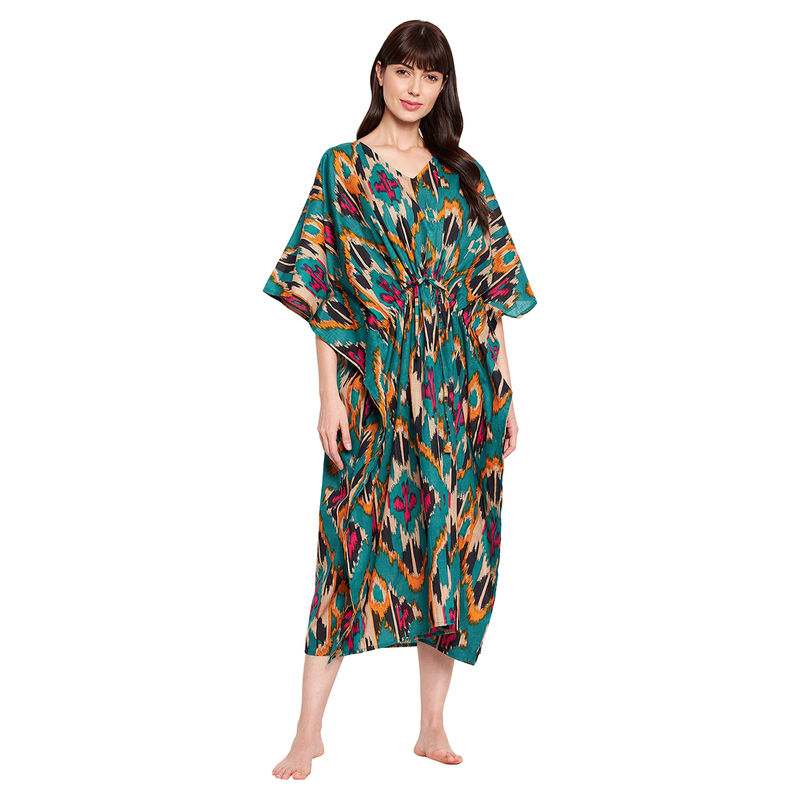 Secrets By ZeroKaata Pure Cotton Ikkat Printed Kaftan Long Nightdress For Women Multi-Color (L)