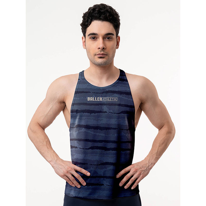 Baller Athletik Navy Blue Printed Warrior Racer Back Sports Tank Top (M)