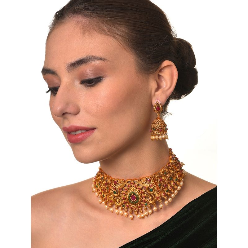 Aadita Gold-Polished & Pink Stone Studded Handcrafted Jewellery Set
