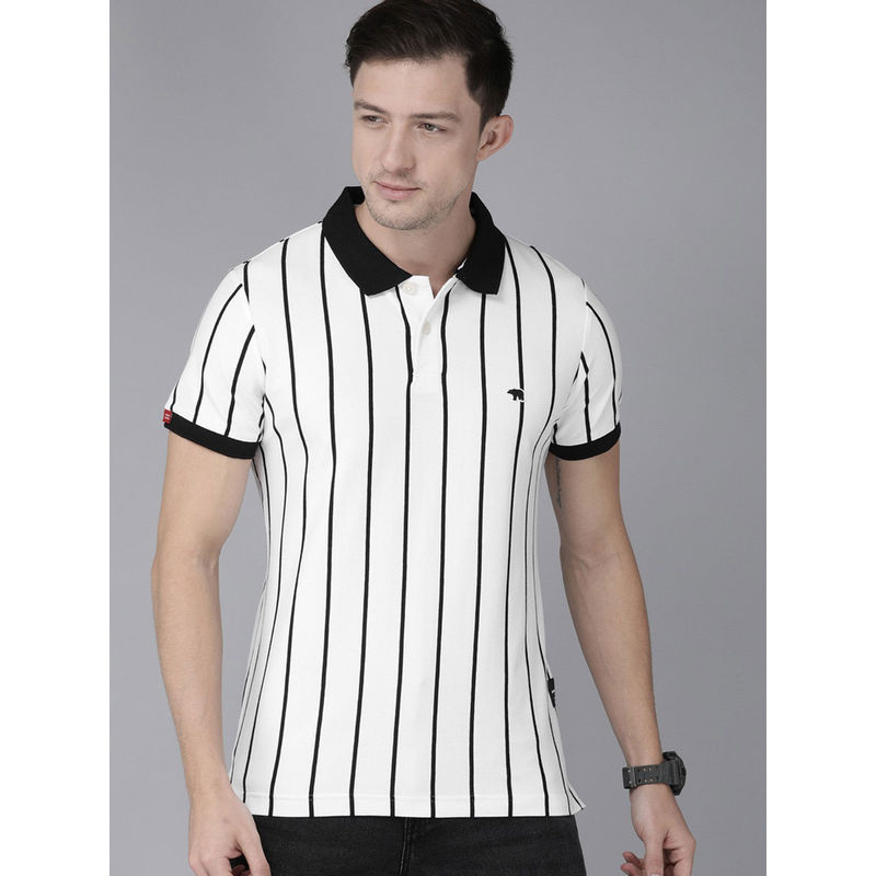 THE BEAR HOUSE Men White Black Striped Polo Collar Slim Fit T-shirt (S)