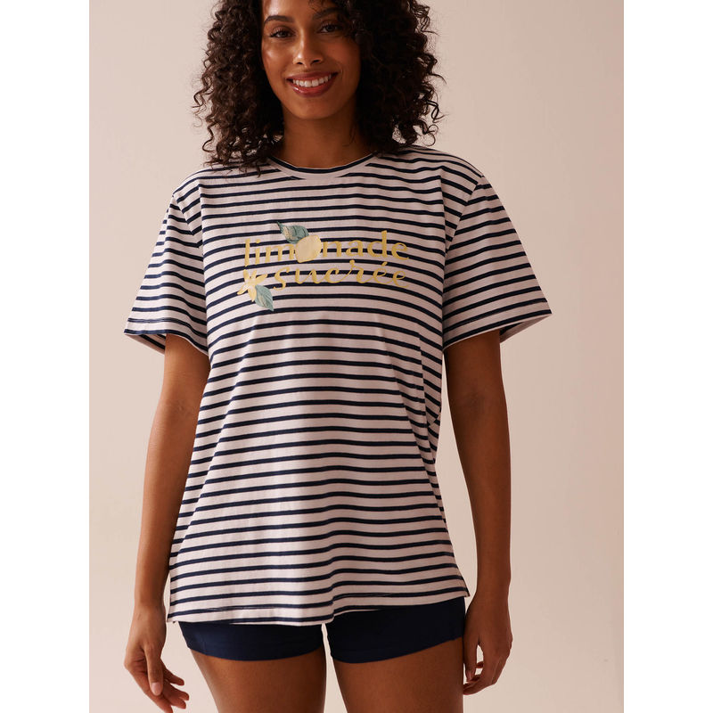 La Vie En Rose Lemon Print and Stripes Cotton T-Shirt (S)