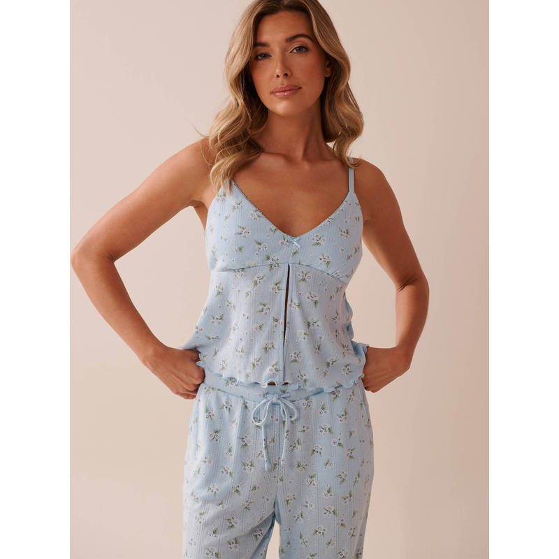 La Vie En Rose Floral Print Lettuce Edge Pointelle Cami Top (M)