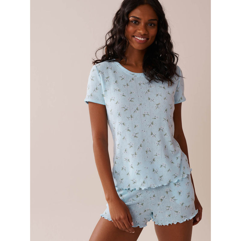 La Vie En Rose Floral Print Lettuce Edge Pointelle T-Shirt (S)