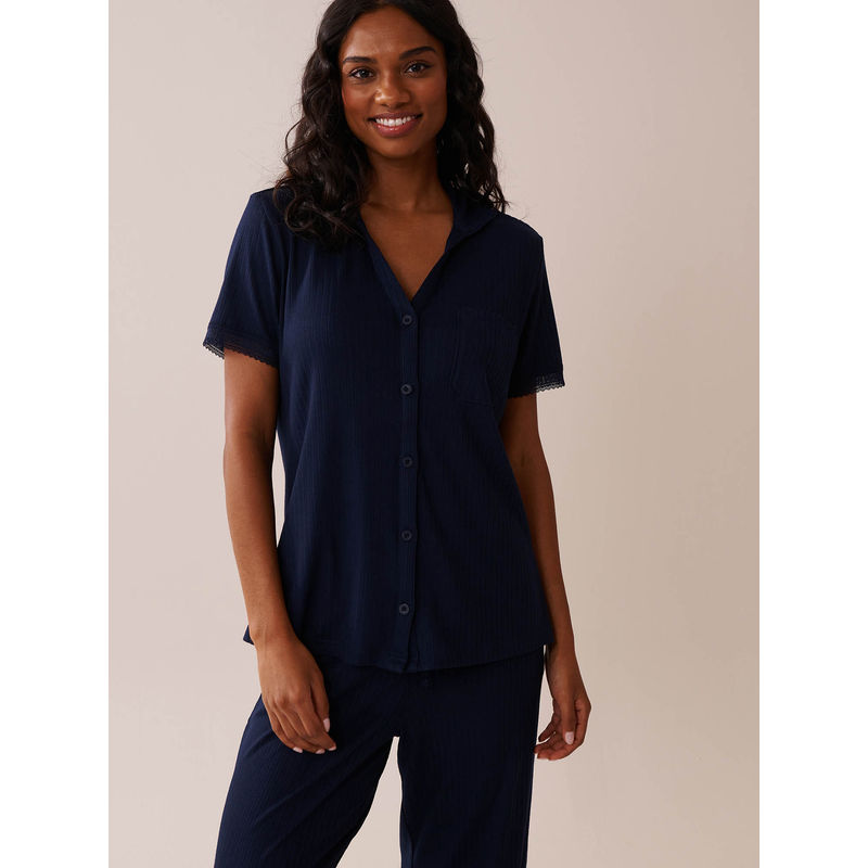 La Vie En Rose Lace Trim Ribbed Jersey Button-Down Shirt (S)