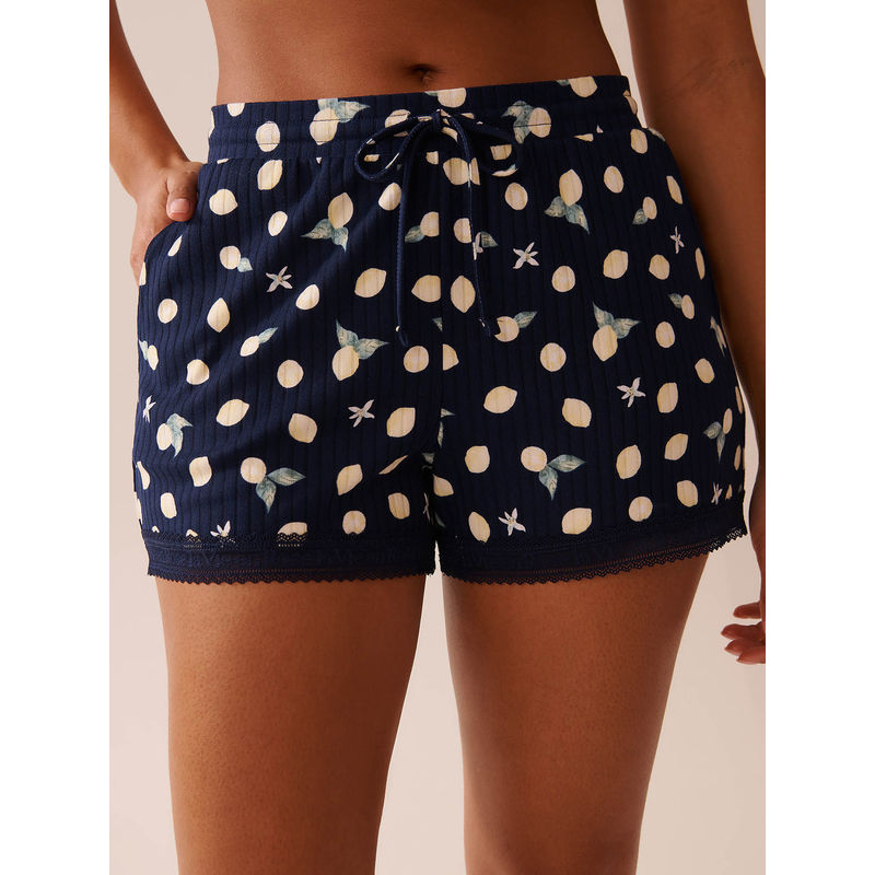La Vie En Rose Lemon Print Lace Trim Ribbed Jersey Pajama Shorts (S)