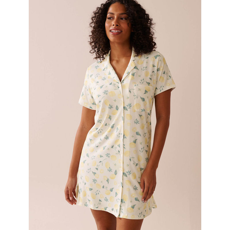La Vie En Rose Lemon Print Super Soft Button-Down Sleepshirt (S)