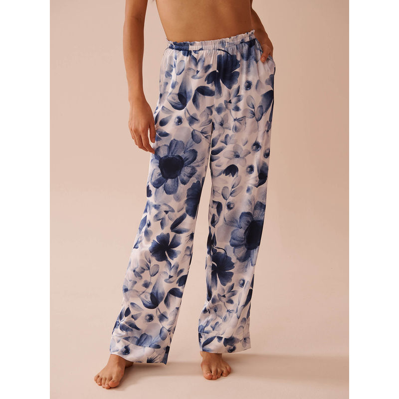 La Vie En Rose Blue Floral Print Frill Detail Satin Pyjama (S)