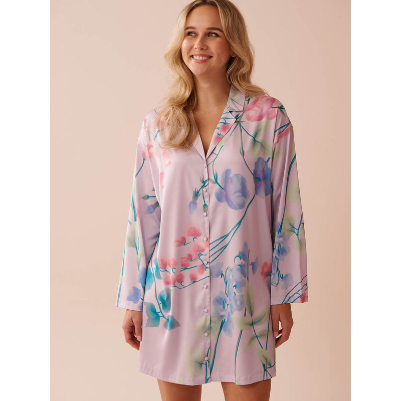La Vie En Rose Lavender Garden Print Long Sleeve Satin Sleepshirt (XL)