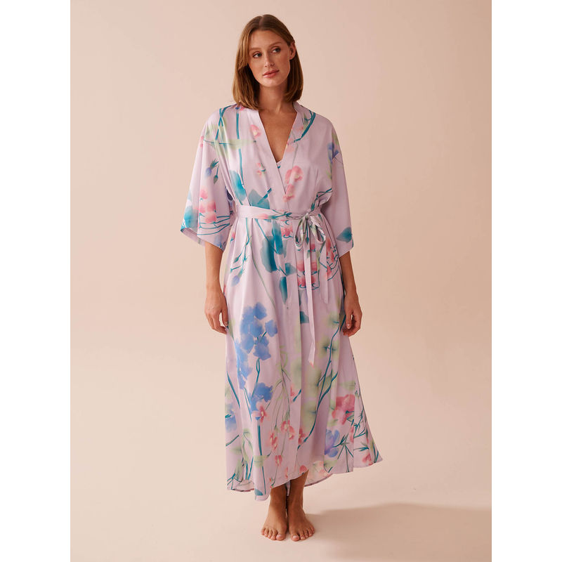 La Vie En Rose Lavender Garden Print Long Satin Kimono (L)