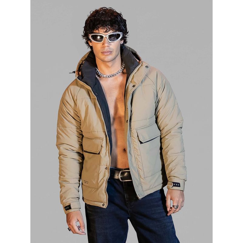 ROOKIES Khaki Full Sleeves Hoodie Puffer Jacket (M)