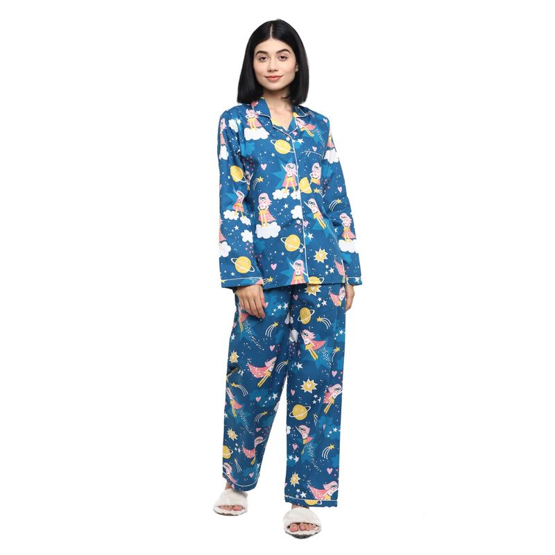 Shopbloom Premium Cotton Printed Long Sleeve Women' Night Suit | Nightwear | Lounge Wear - Blue (XS)