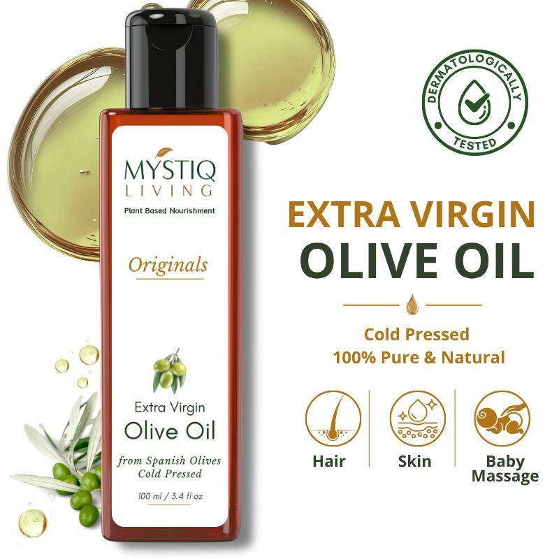 Mystiq Living Extra Virgin Olive Oil For Hair, Face, Skin, Baby Massage 100% Pure & Cold Pressed