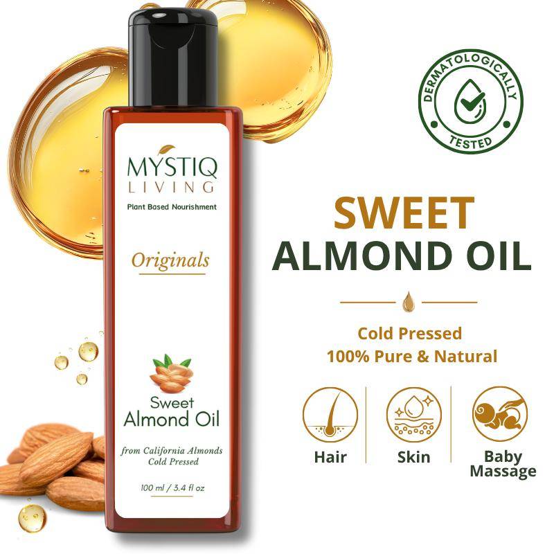Mystiq Living Sweet Almond Oil for Hair Growth Face, Skin,Baby Massage Pure, Organic & Cold Pressed