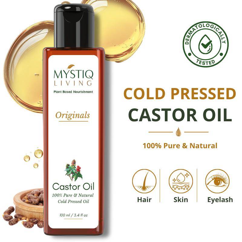Mystiq Living Castor Oil for Hair Growth Face, Skin, Eyelash, BellyButton 100% Pure & Cold Pressed