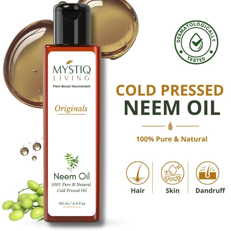 Mystiq Living Neem Oil Organic, Pure Cold Pressed, For Skin, Hair Growth, Acne, Dandruff & Lice