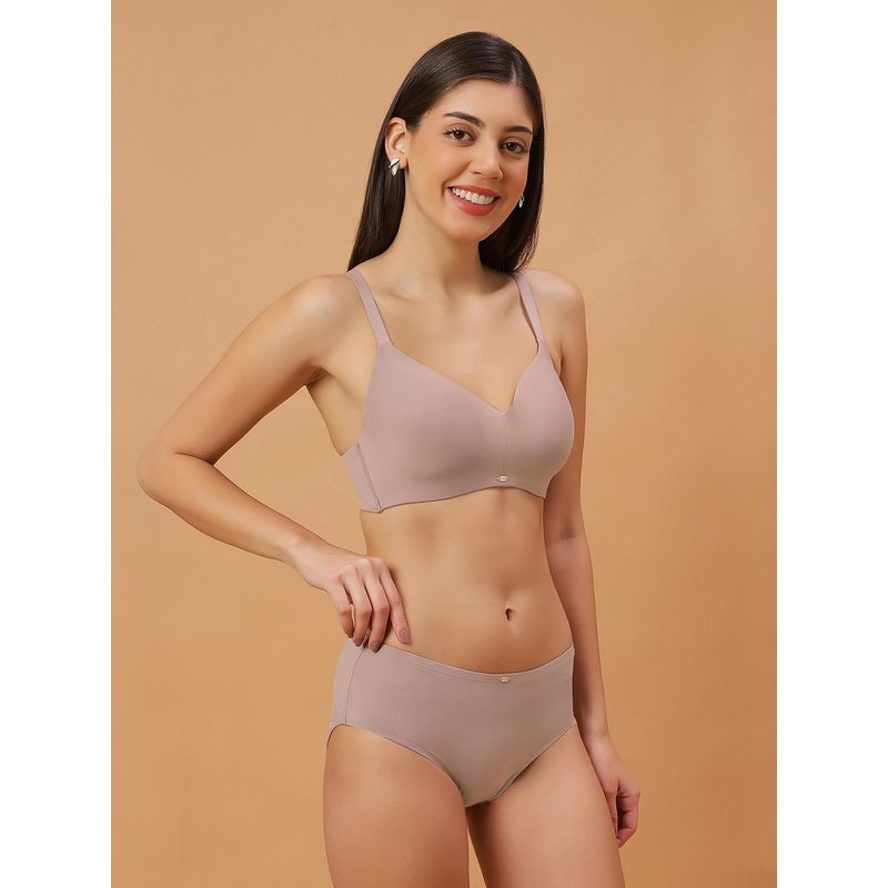 SOIE Womens Brown Padded Seamless Bra & High Rise Brief (32B)