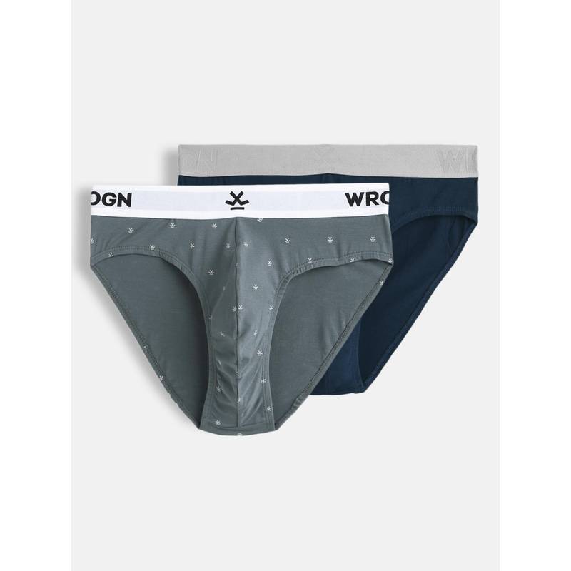 WROGN Men Grey-Blue Pure Cotton Solid and Printed Briefs (Pack of 2) (L)