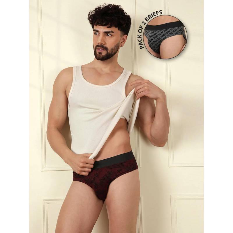 WROGN Men Maroon-Grey Printed Smooth Touch Briefs (Pack of 2) (L)