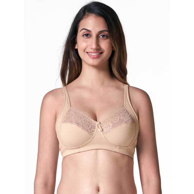 BLOSSOM Skin Cotton High Coverage Plus Size Wire Free Cushion Strap Lace Bra (34B) (34B)