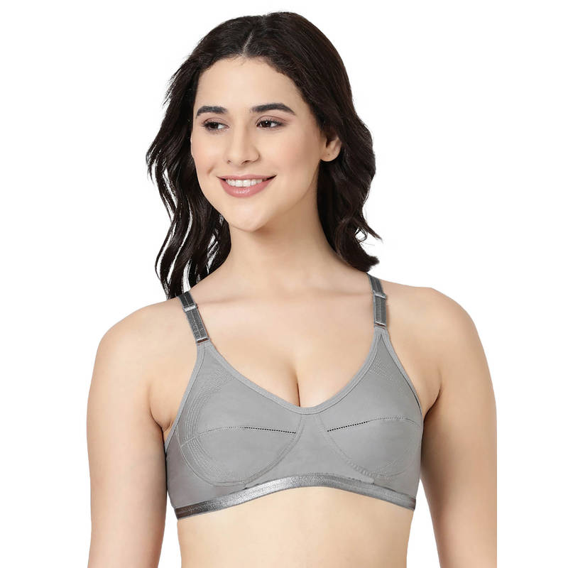BLOSSOM Woven Cotton Medium Coverage Grey Bra with Encircled Side Support (32B) (32B)