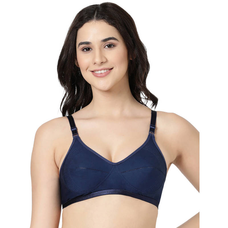 BLOSSOM Woven Cotton Medium Coverage Navy Blue Bra with Encircled Side Support (32B) (32B)