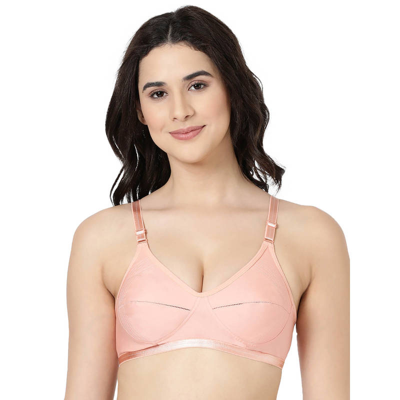 BLOSSOM Woven Cotton Medium Coverage Peach Bra with Encircled Side Support (32B) (32B)