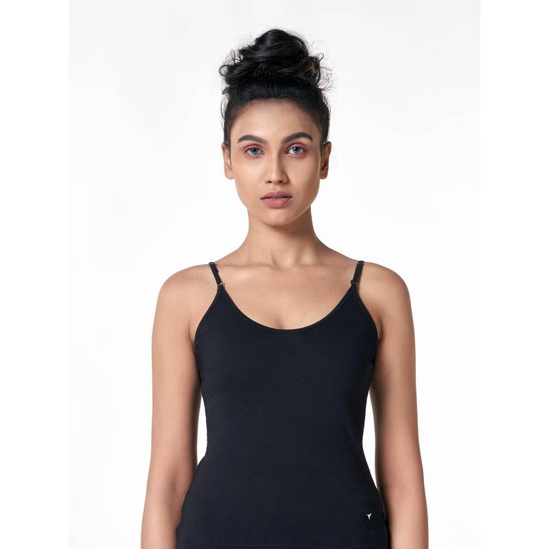 BLOSSOM Women'S Cotton Camisole Thin Adjustable Strap Comfort Slip Black (M) (M)