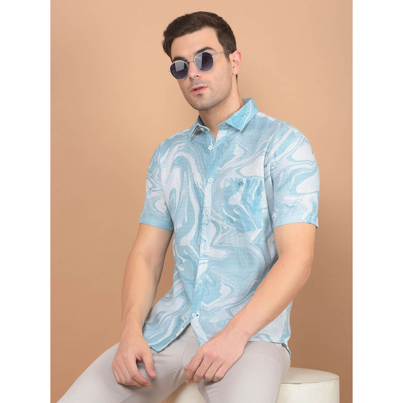 CRIMSOUNE CLUB Men's Blue Printed Linen Shirt (XL)