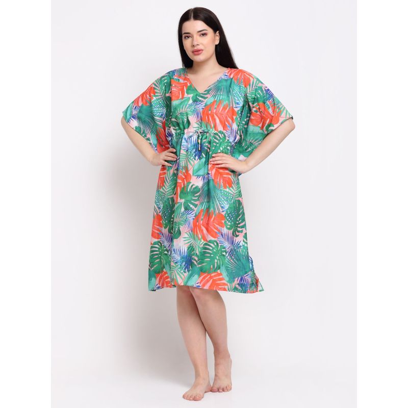 AOBA Women Green Tropical Printed Kaftan Nightdress (S)