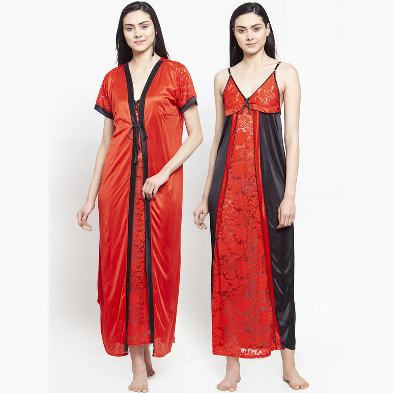 Nighty With Robe Buy Secret Wish Women's Red Satin Nighty with Robe (Free Size) Online