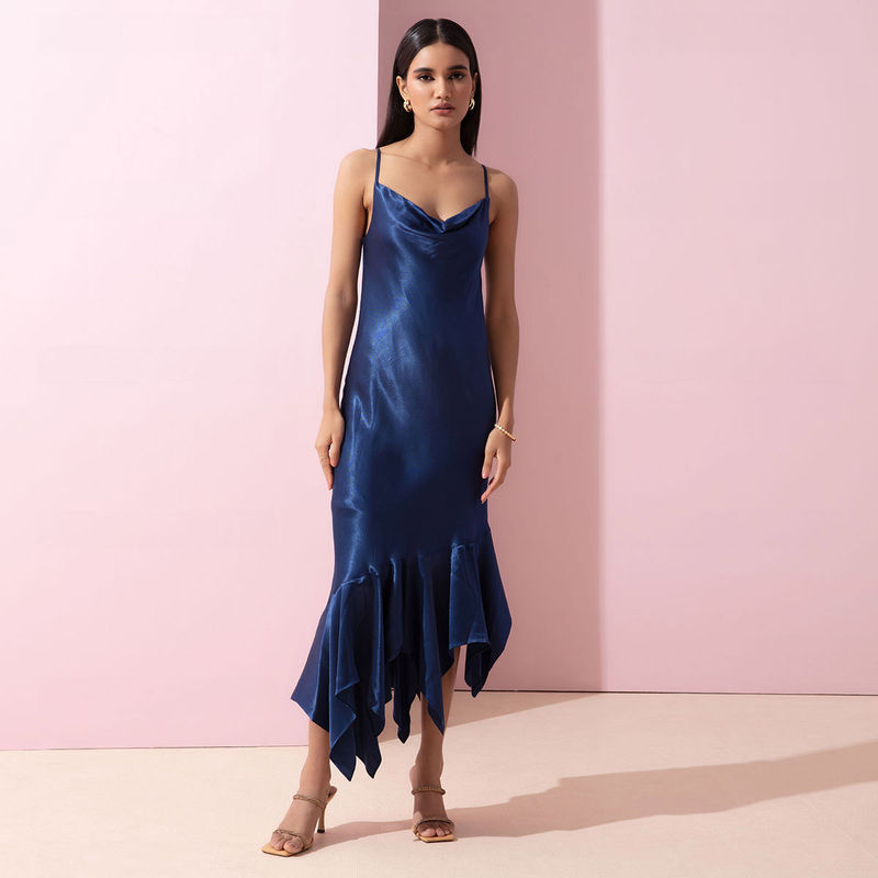 Buy RSVP by Nykaa Fashion Blue Solid Cowl Neck Midi Dress Online