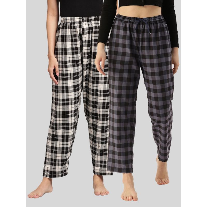 Kryptic Womens Black Grey Cotton Check Lounge Pajamas (Pack of 2) (M)