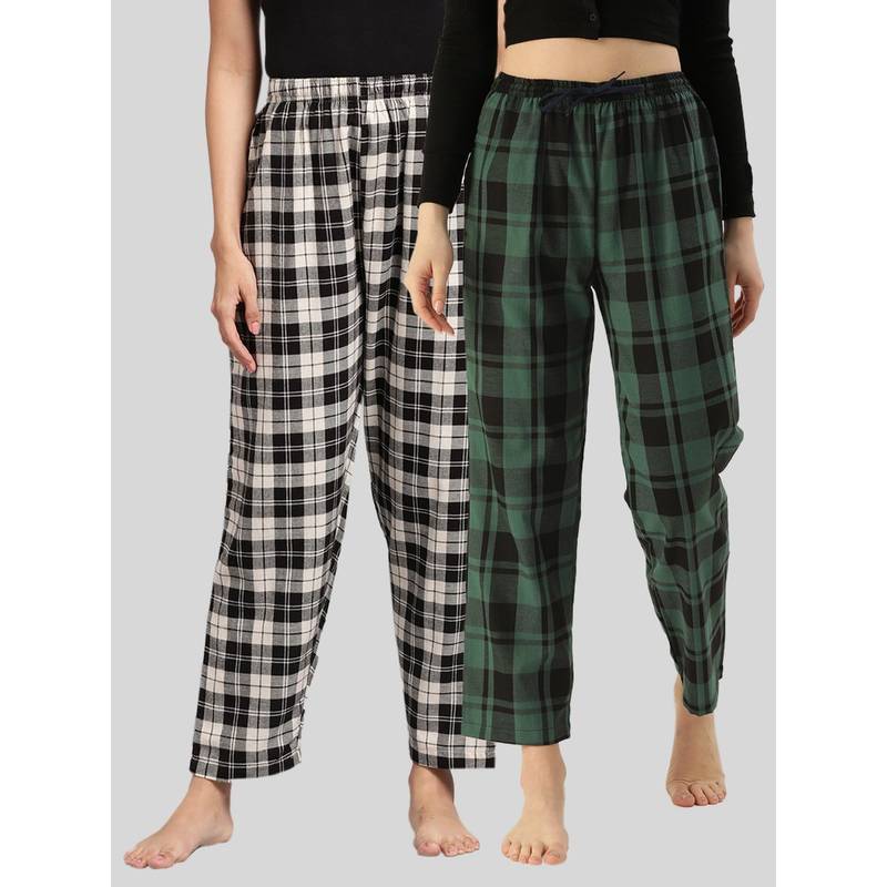 Kryptic Womens Black Green Cotton Check Lounge Pajamas (Pack of 2) (M)