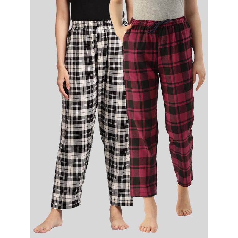 Kryptic Womens Black Maroon Cotton Check Lounge Pajamas (Pack of 2) (M)