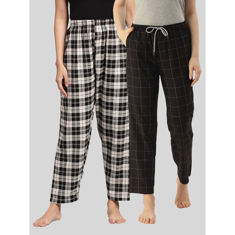 Kryptic Womens Black Cotton Check Lounge Pajamas (Pack of 2) (M)