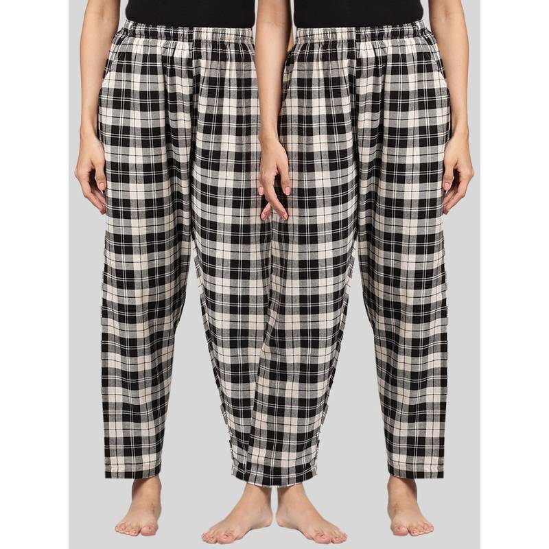 Kryptic Womens Black Cotton Check Lounge Pajamas (Pack of 2) (M)
