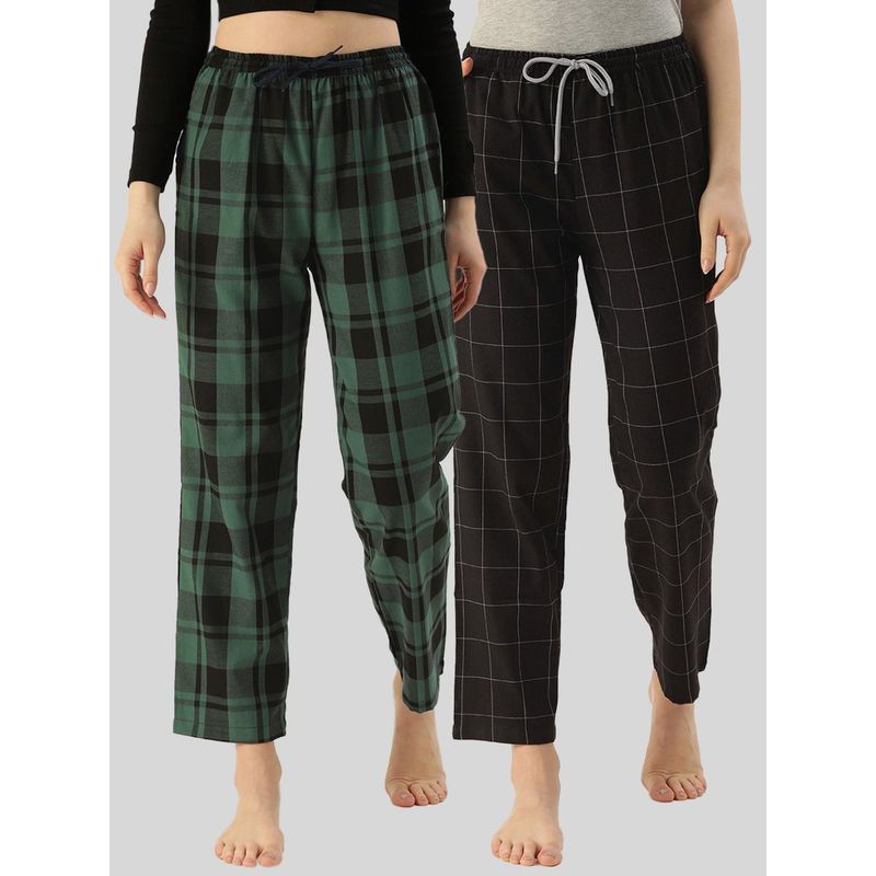 Kryptic Womens Black & Green Cotton Check Lounge Pajamas (Pack of 2) (M)