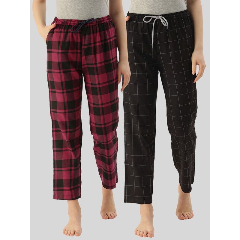 Kryptic Womens Black & Maroon Cotton Check Lounge Pajamas (Pack of 2) (M)