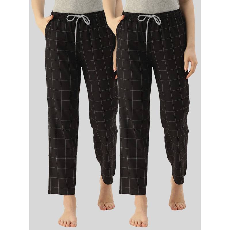 Kryptic Womens Black Cotton Check Lounge Pajamas (Pack of 2) (M)